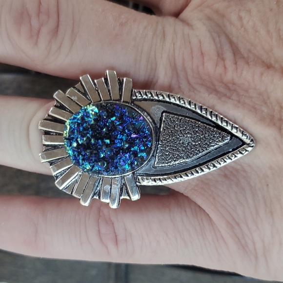 New Unique Oversized Blue Titanium Druzy 925 Silver Statement Ring. - Picture 9 of 16